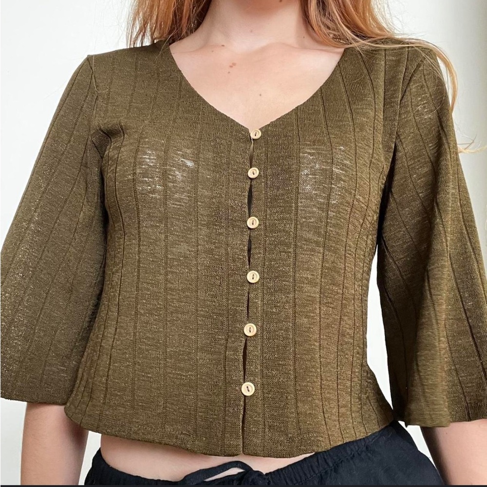H&M Brown Ribbed Button-Up Top